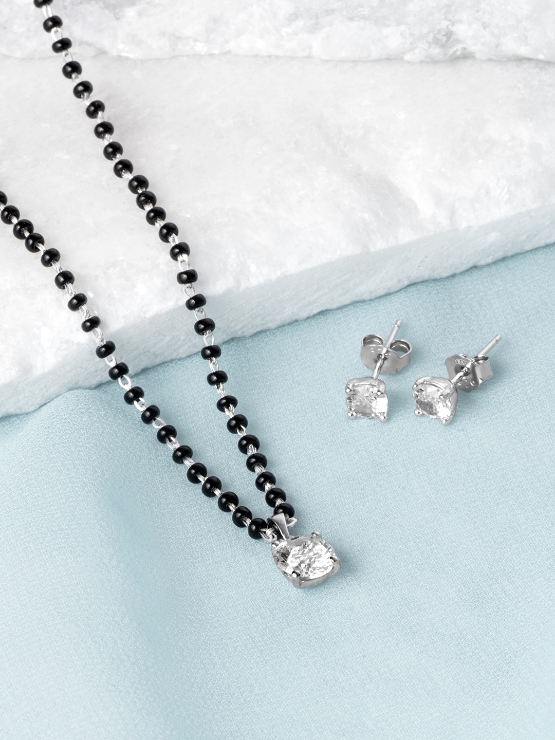 

Zavya Pure Silver Rhodium Plated CZ Studded Mangalsutra and Earring