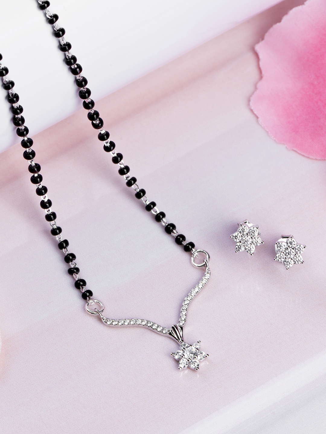 

Zavya Sterling Silver Rhodium Plated CZ Mangalsutra & Earrings Set