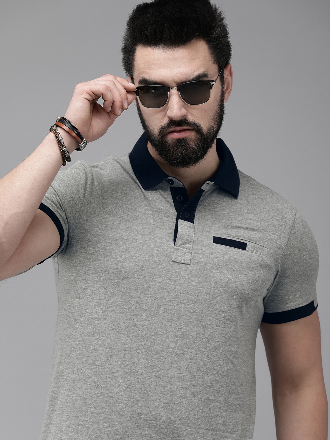 

Roadster Men Colourblocked Polo Collar T-shirt, Grey melange
