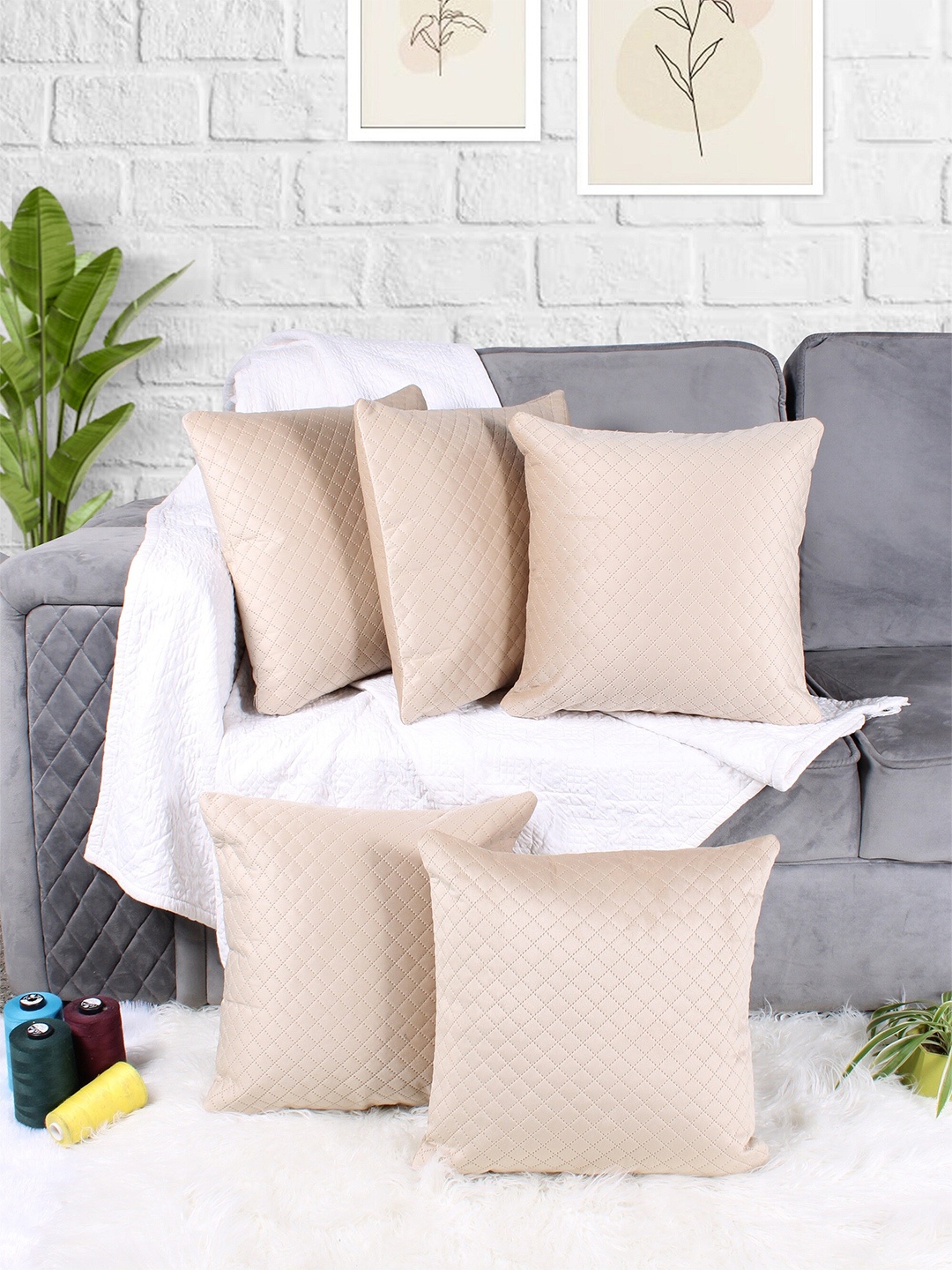 

STITCHNEST Beige 5-Pieces Quilted Velvet Square Cushion Covers