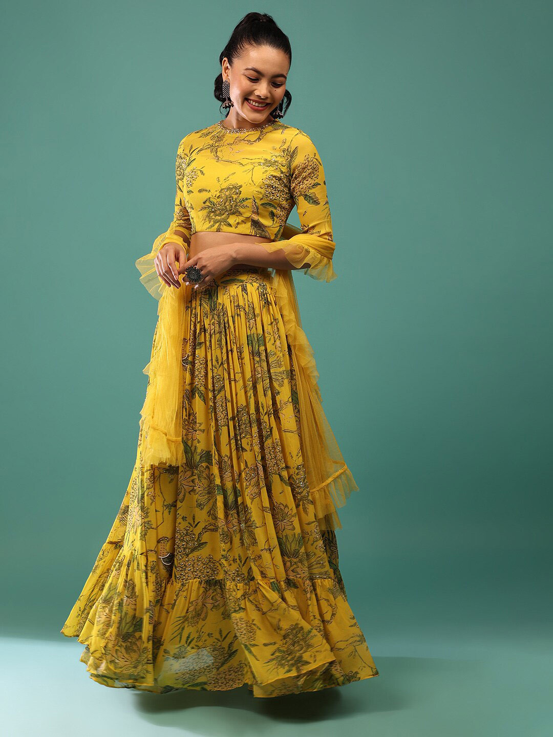 

KALKI Fashion Floral Printed Beaded Ready to Wear Tiered Lehenga Choli With Dupatta, Yellow