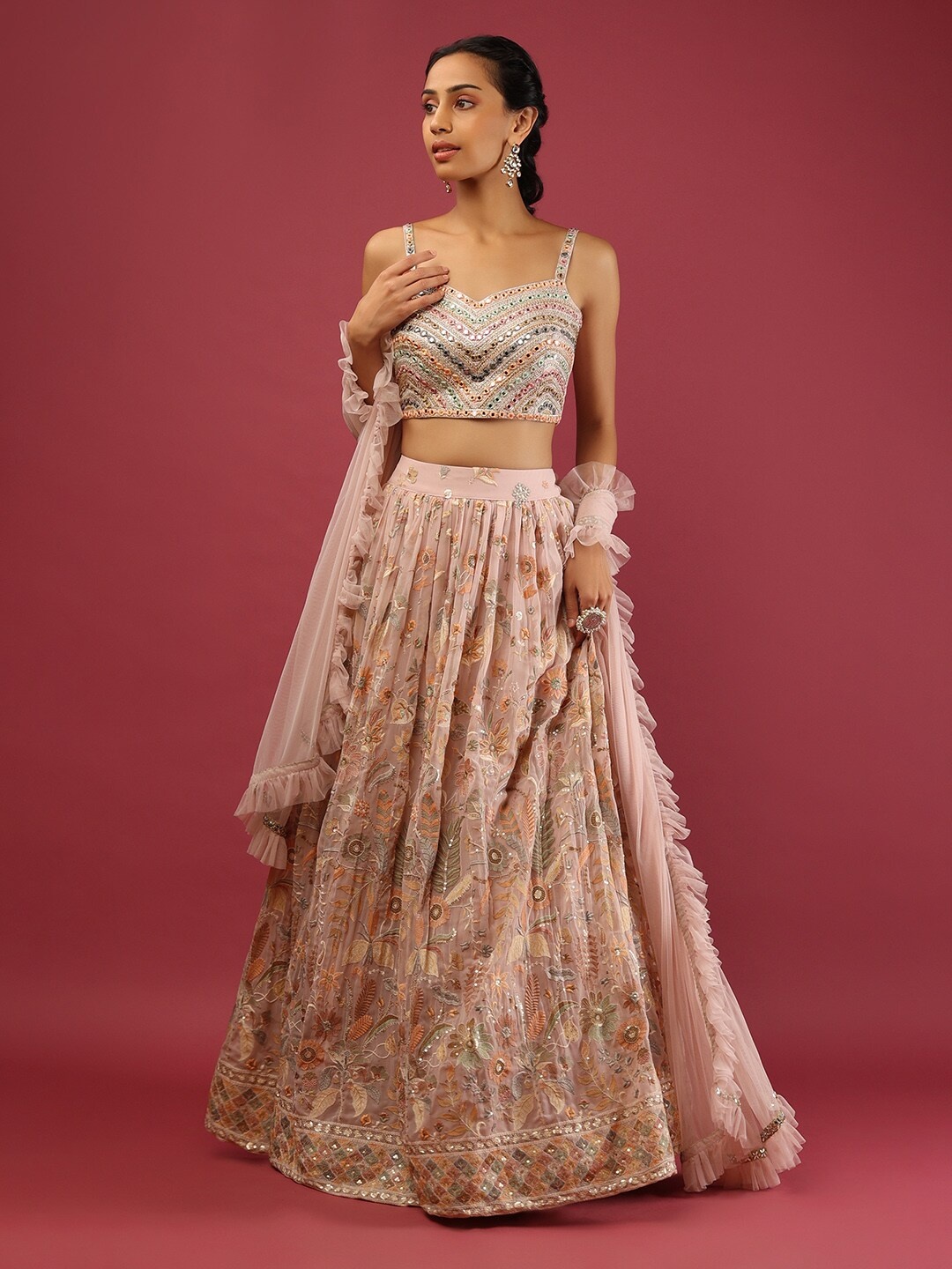 

KALKI Fashion Embroidered Mirror Work Ready to Wear Lehenga Choli With Dupatta, Pink
