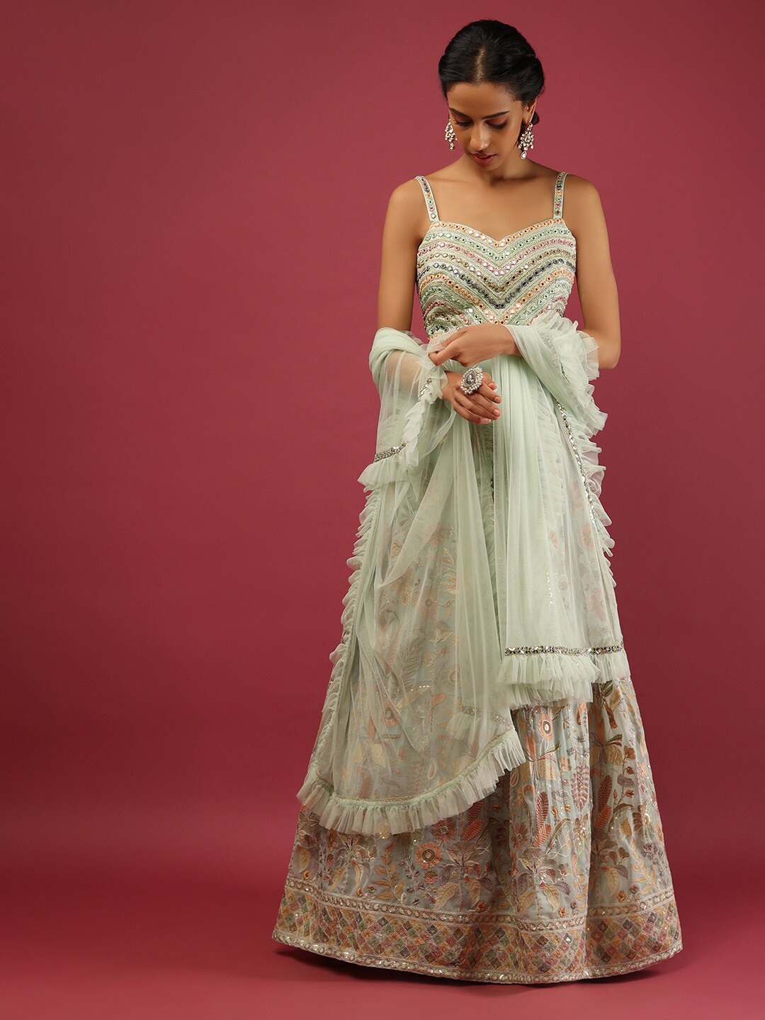 

KALKI Fashion Embroidered Thread Work Ready to Wear Lehenga & Blouse With Dupatta, Green
