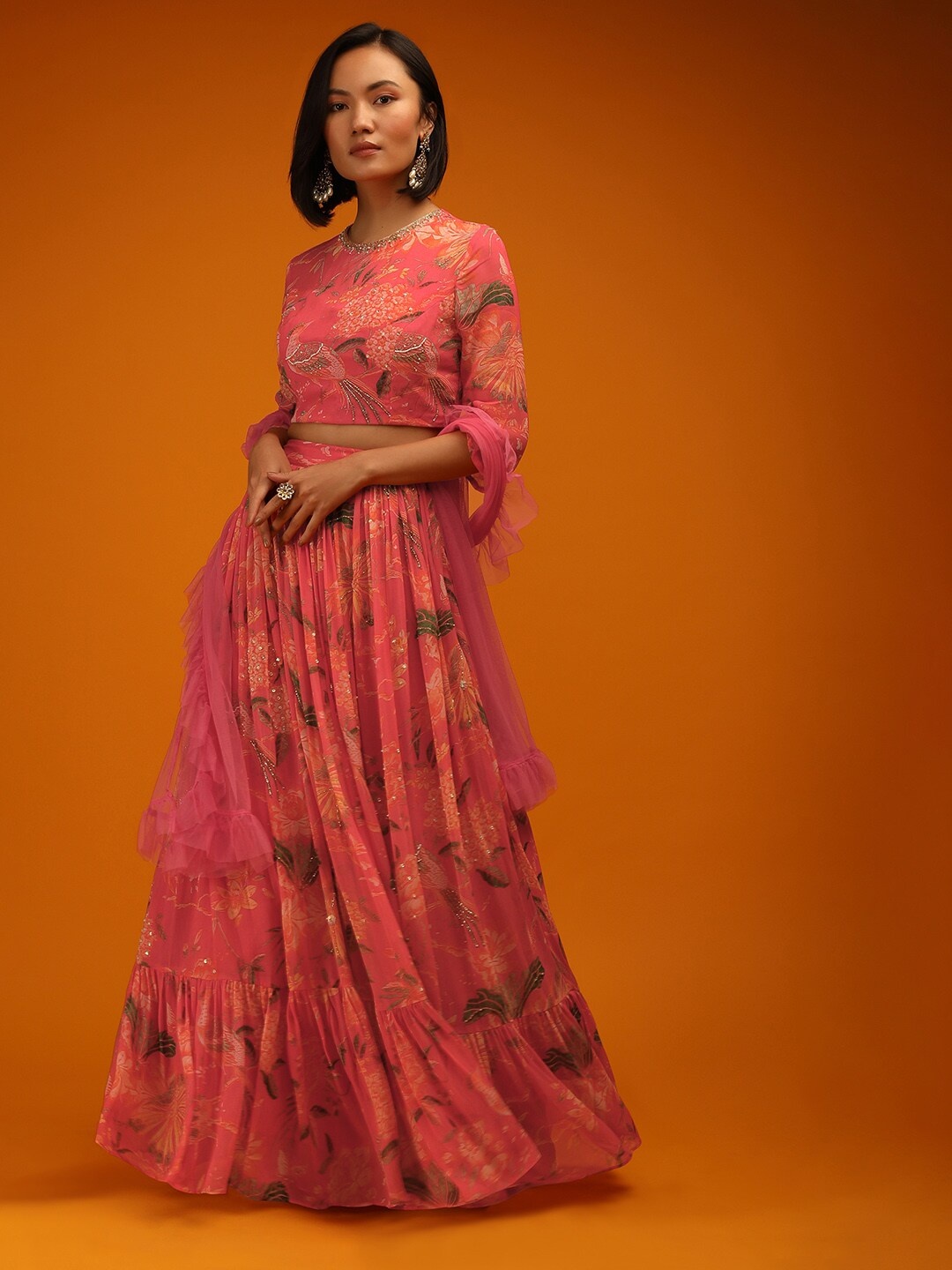 

KALKI Fashion Floral Printed Beaded Ready to Wear Lehenga Choli With Dupatta, Pink