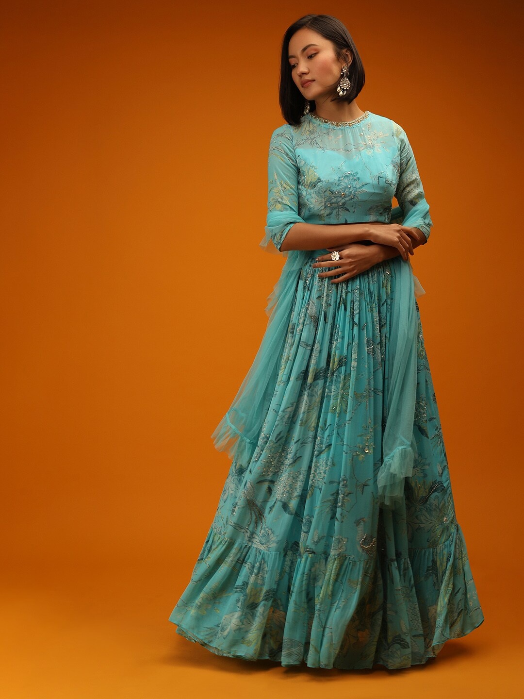 

KALKI Fashion Floral Printed Beaded Ready to Wear Lehenga Choli With Dupatta, Blue