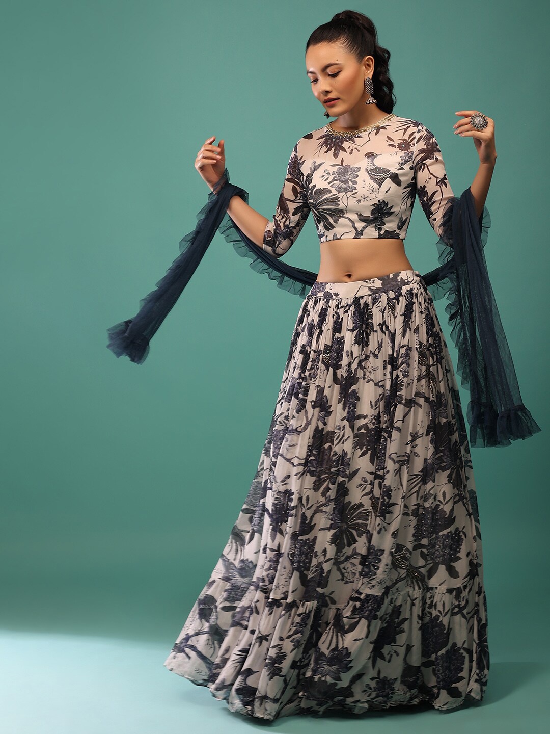 

KALKI Fashion Floral Printed Beaded Ready to Wear Lehenga Choli With Dupatta, White