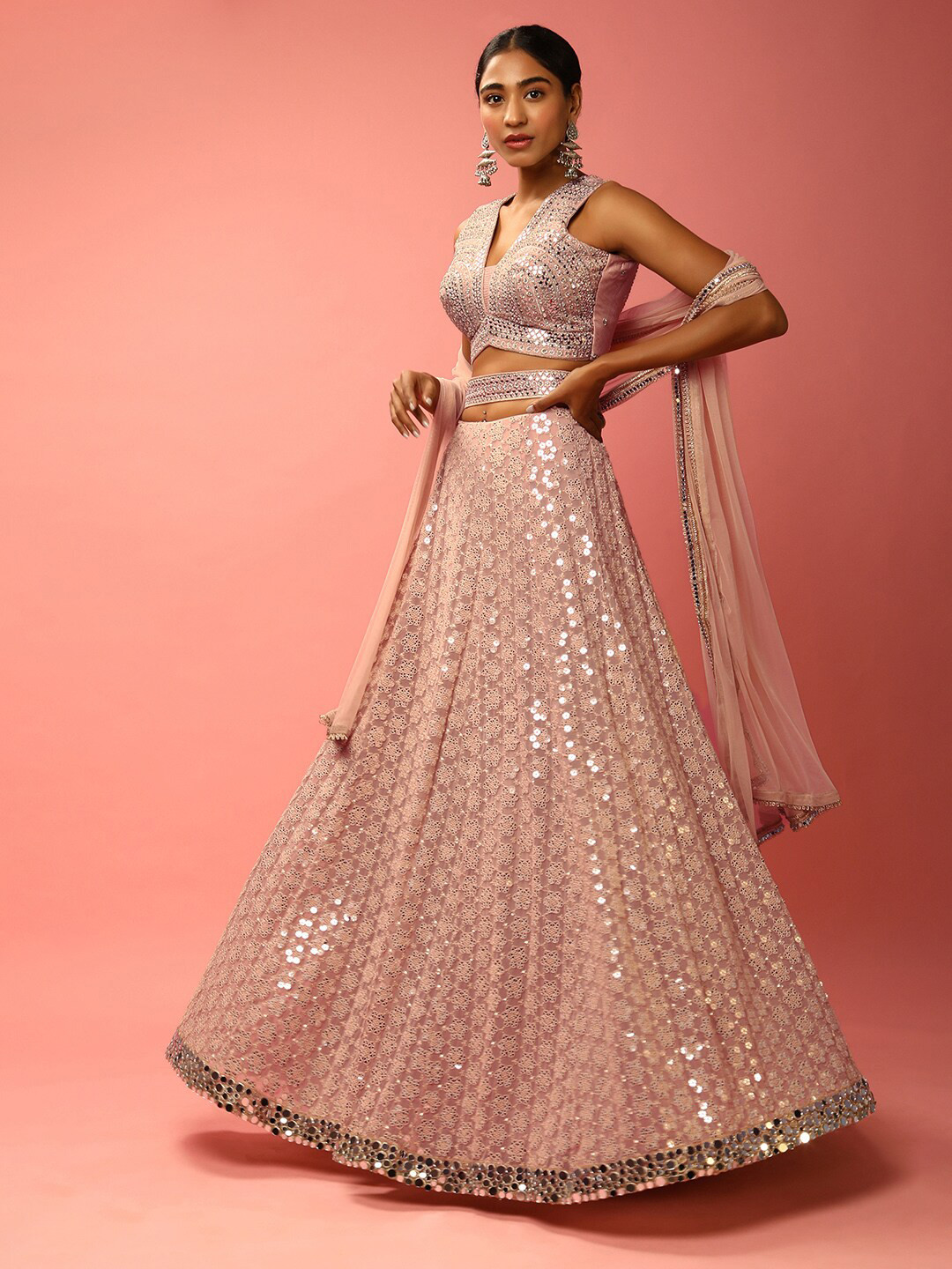 

KALKI Fashion Embroidered Mirror Work Ready to Wear Lehenga Choli With Dupatta, Beige