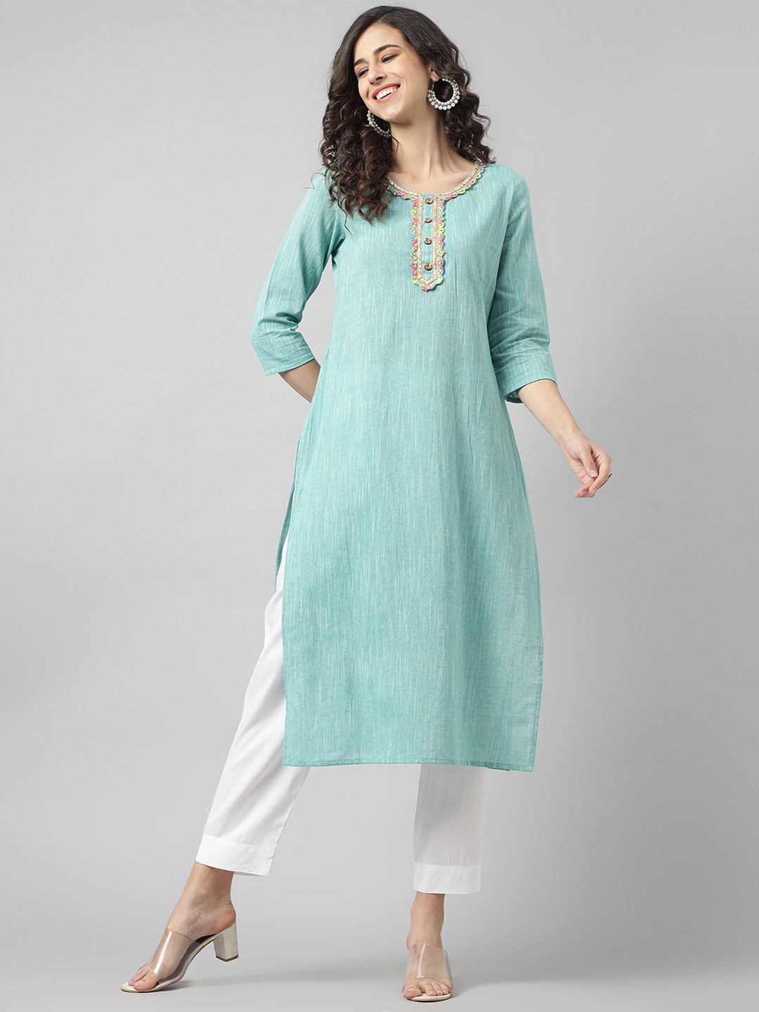 

Neemiya Round Neck Regular Pure Cotton Straight Kurta, Blue