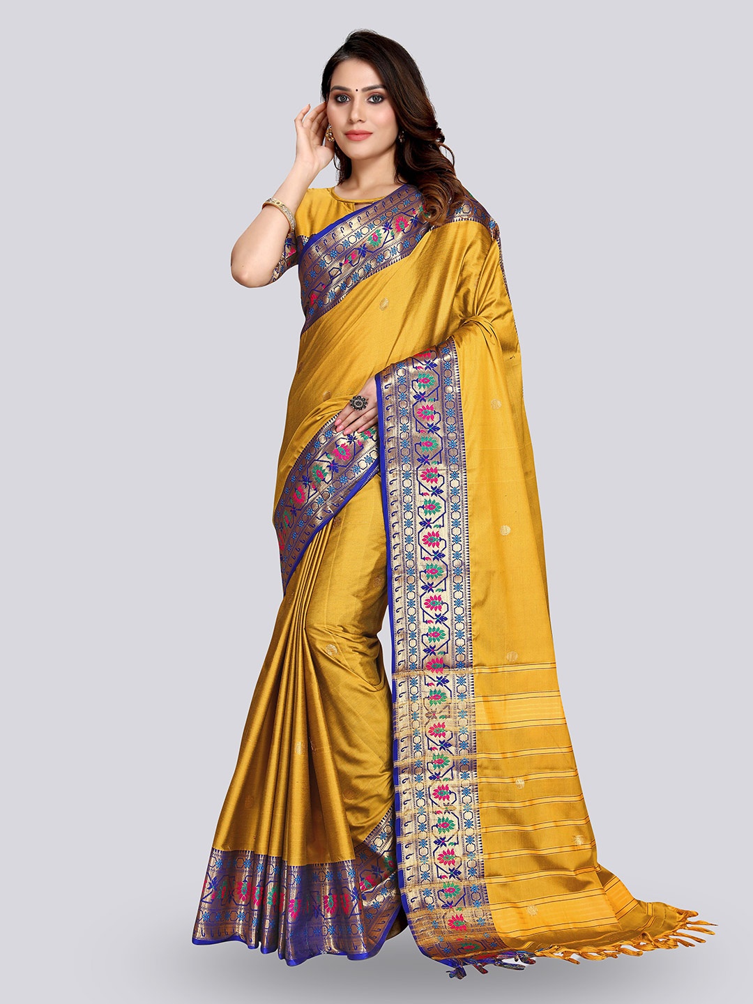 

Mitera Polka Dot Woven Design Zari Silk Cotton Saree, Mustard