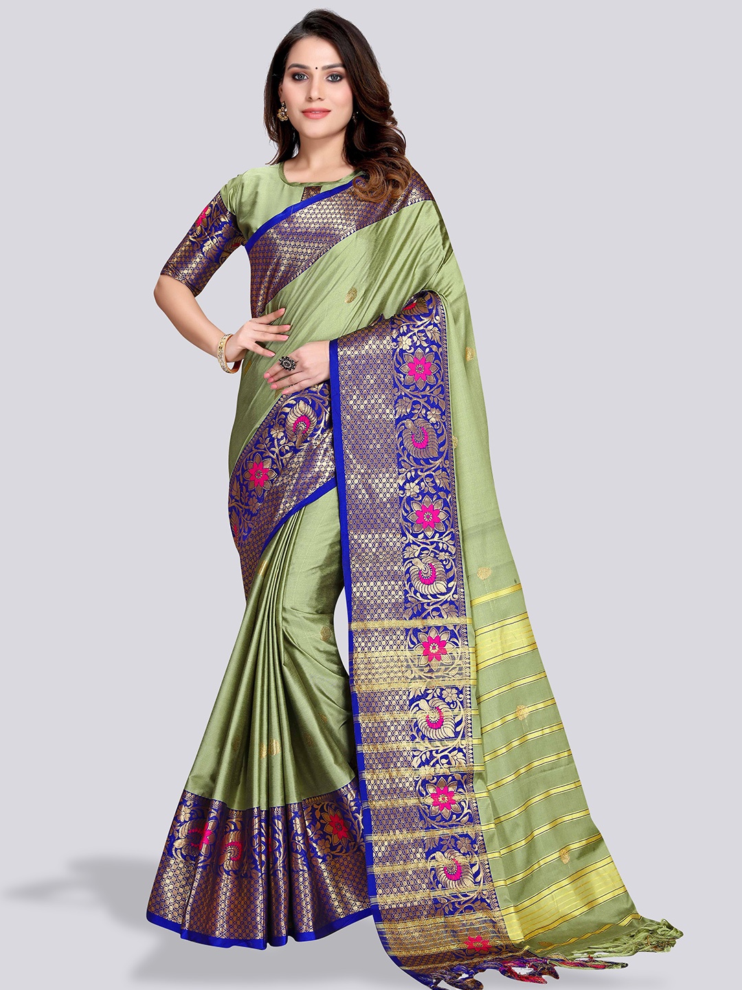 

Mitera Woven Design Zari Silk Cotton Saree, Green