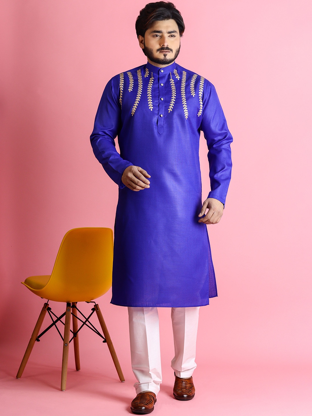 

Tibra Collection Band Collar Embroidered Gotti Patti Pure Cotton Kurta with Pyjamas, Blue