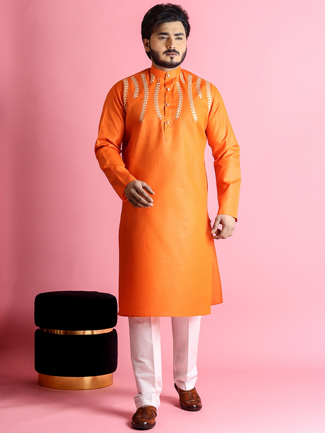 

Tibra Collection Gotta Patti Pure Cotton Kurta with Pyjamas, Orange