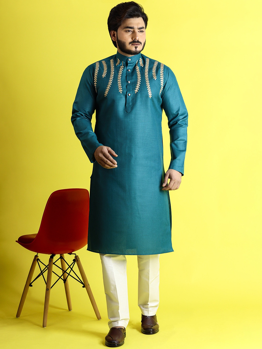 

Tibra Collection Band Collar Embroidered Gotti Patti Pure Cotton Kurta with Pyjamas, Teal