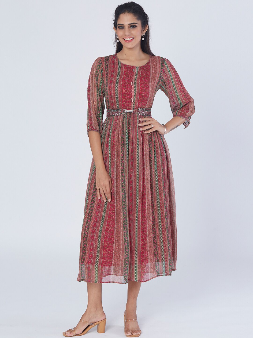 

taruni Striped Midi Ethnic Fit & Flare Dress, Red