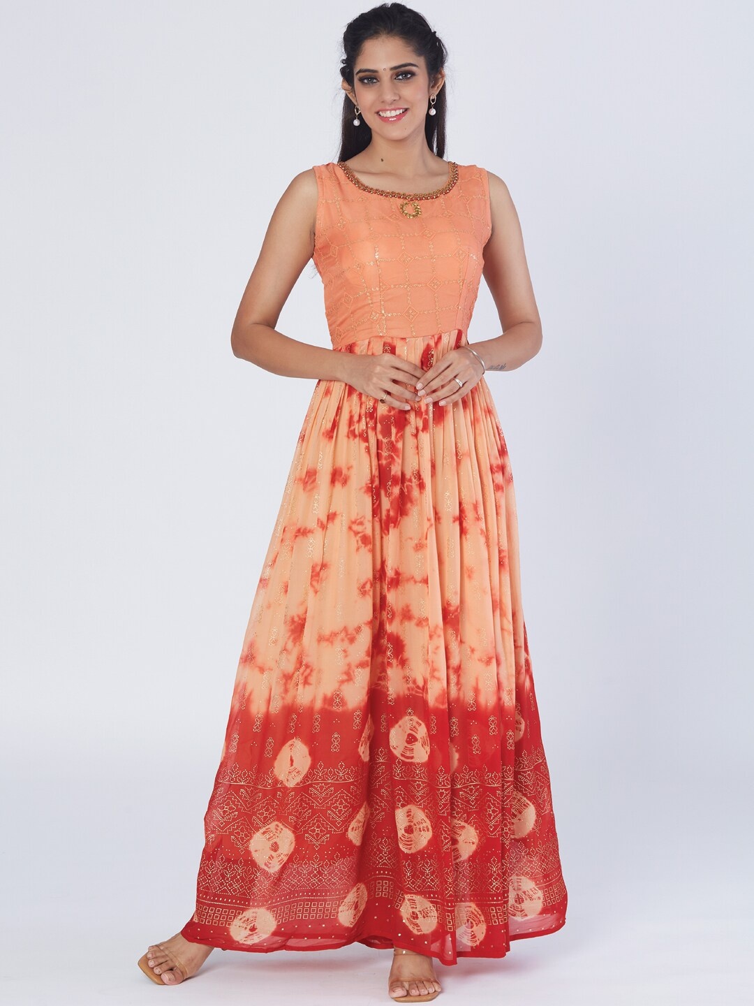 

taruni Tie And Dye Sequin Embroidered Ethnic Dress, Peach