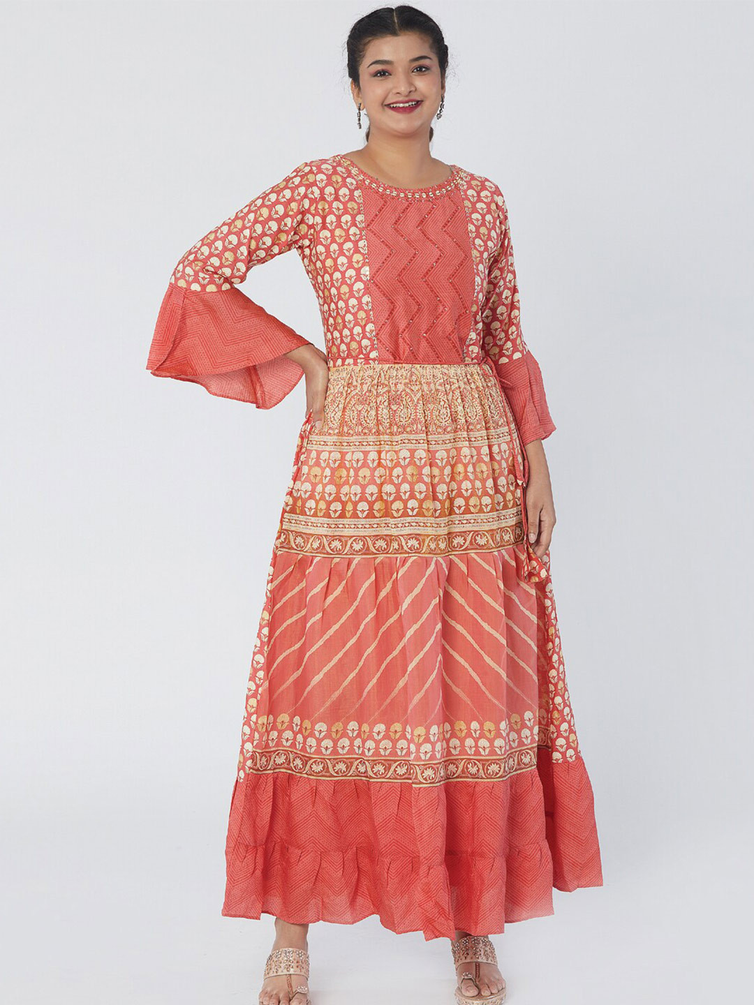 

taruni Ethnic Motifs Printed Bell Sleeves Sequinned A-Line Ethnic Dress, Coral
