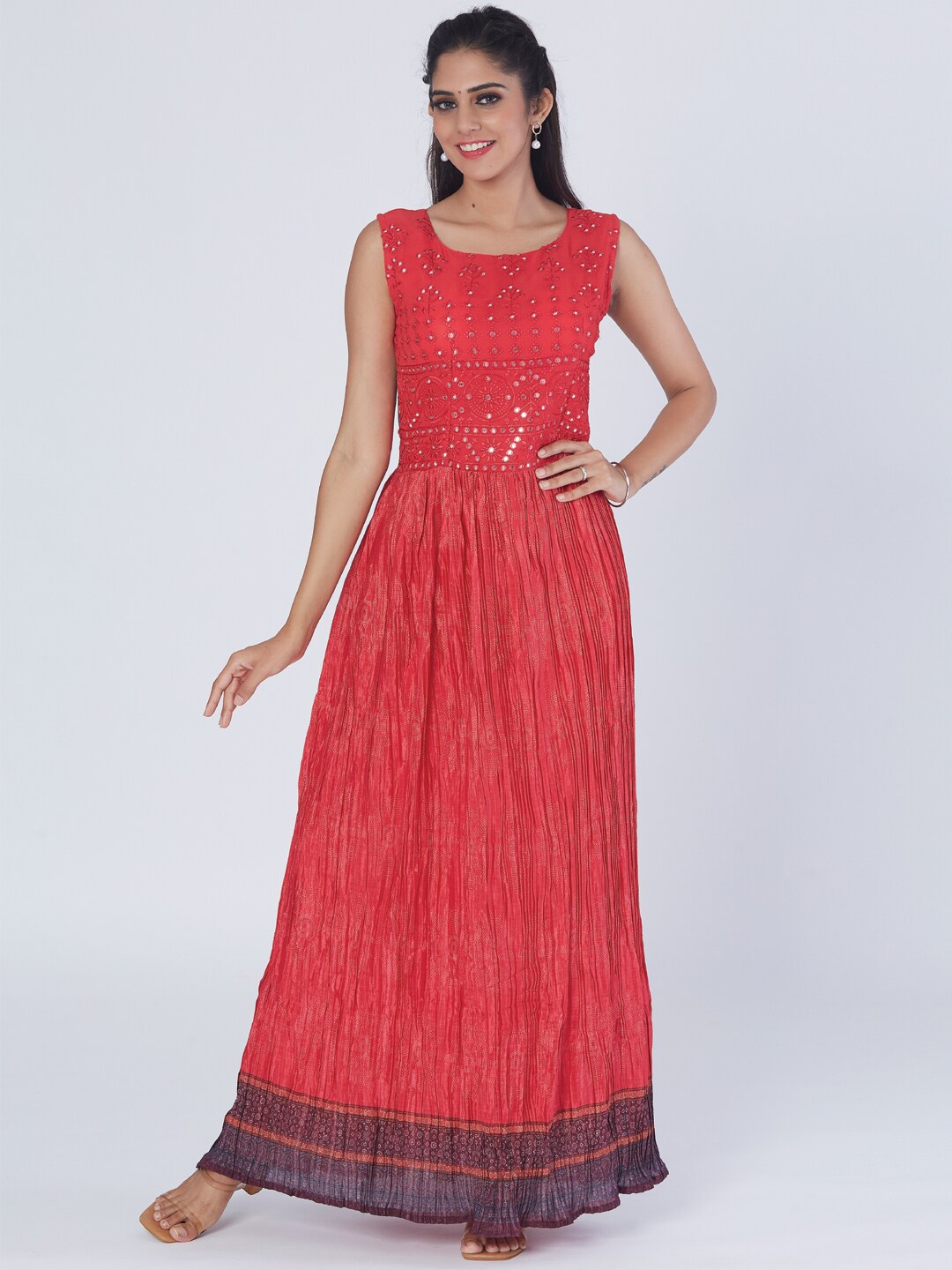 

taruni Mirror Work Embellished Sleeveless Printed Fit & Flare Ethnic Dress, Red