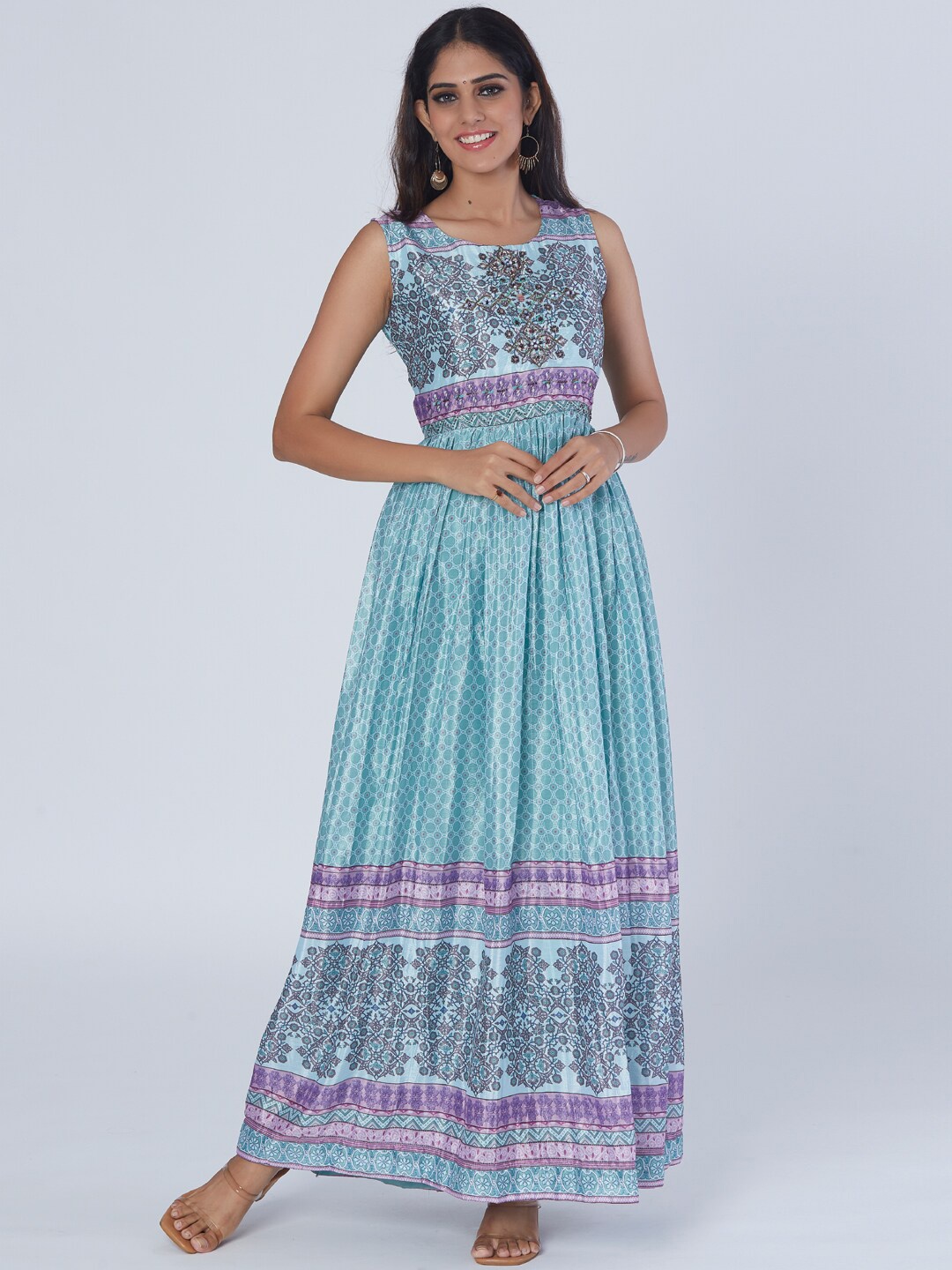 

taruni Printed Sleeveless Maxi Ethnic Dress, Blue