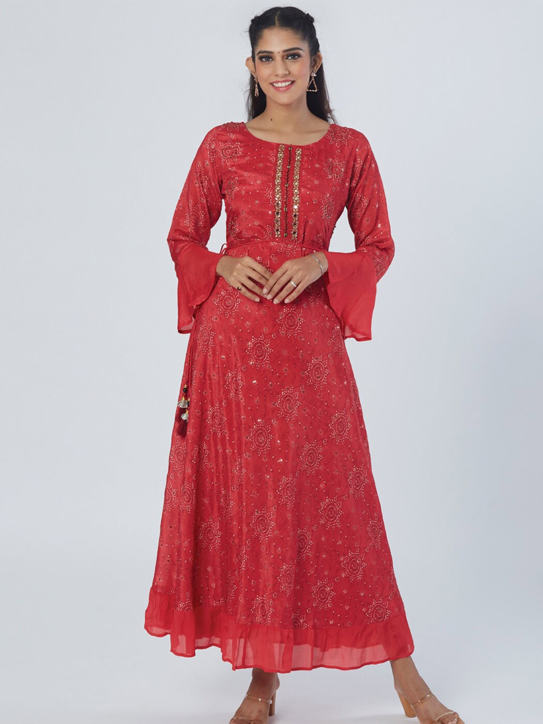 

taruni Floral Printed Bell Sleeves A-Line Ethnic Dress, Red