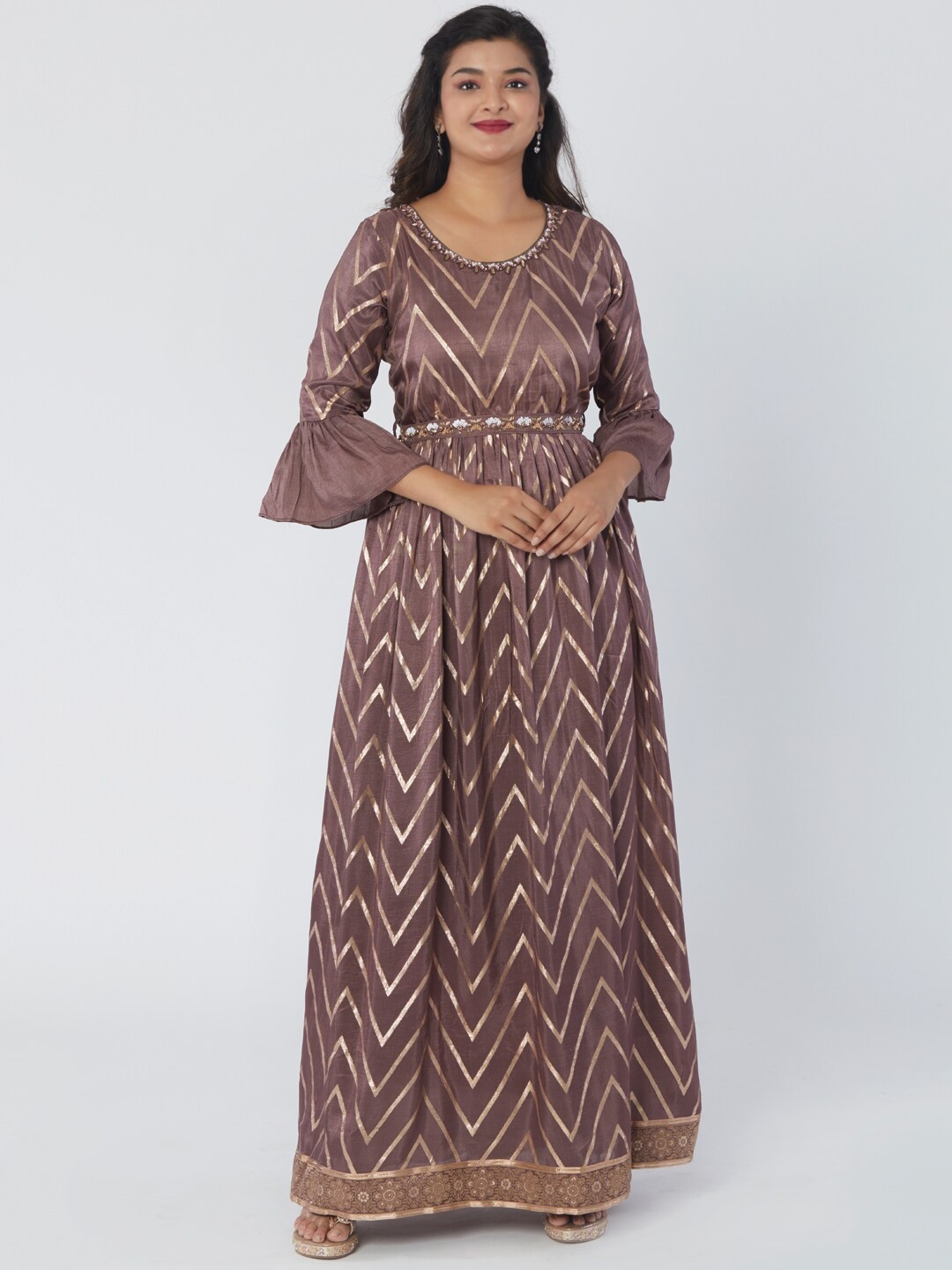 

taruni Chevron Printed Bell Sleeves Silk Ethnic Dress, Pink