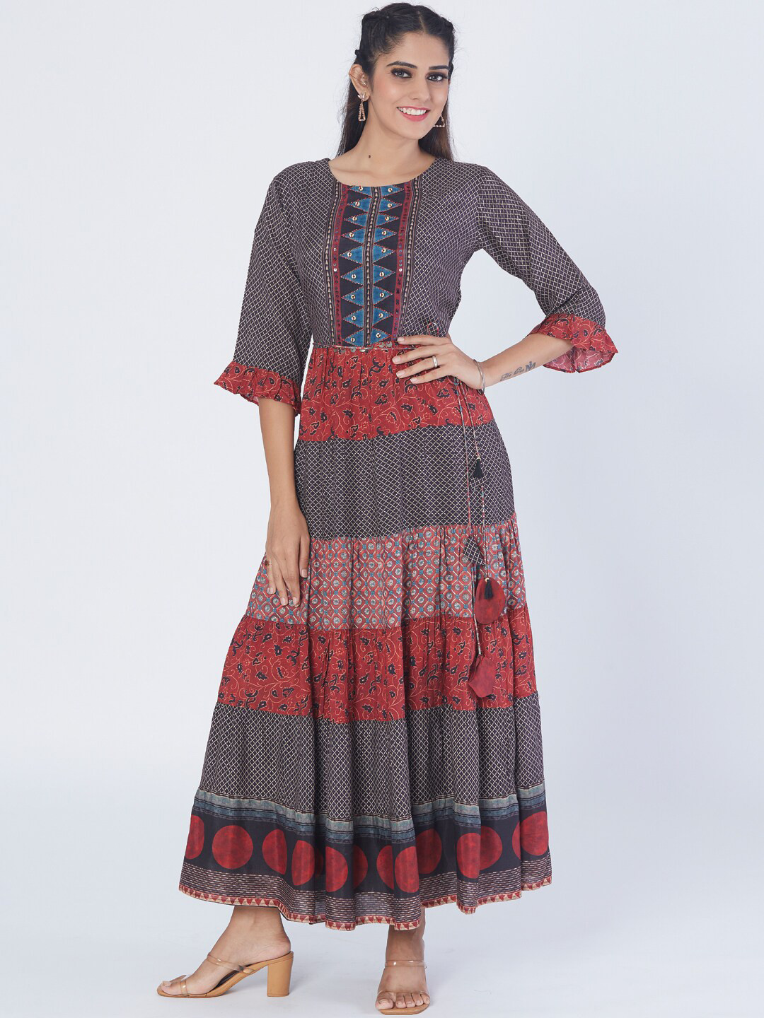 

taruni Geometric Print Maxi Ethnic Dress, Black