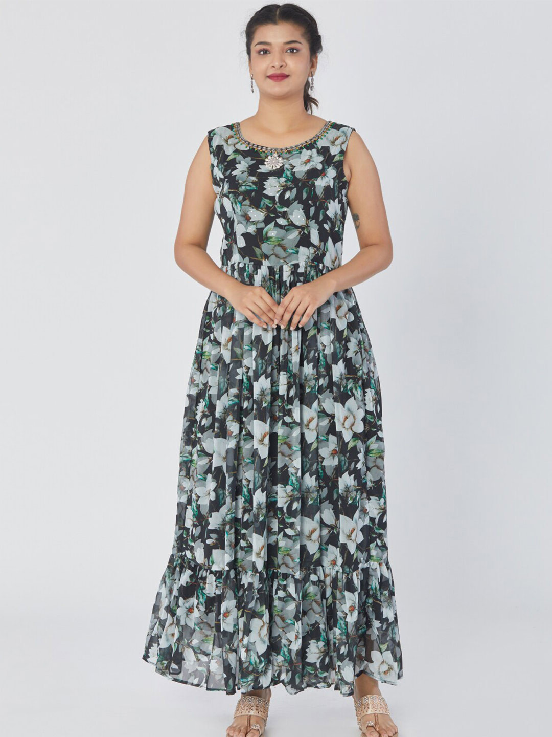 

taruni Floral Printed Sleeveless Flared A-Line Ethnic Dress, Black
