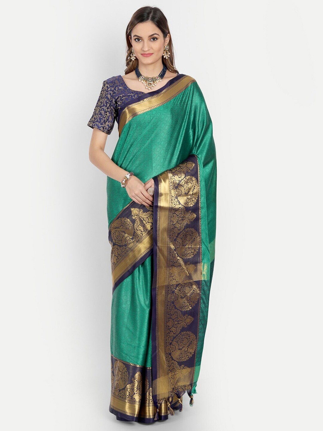 

AVANTIKA FASHION Ethnic Motifs Woven Design Zari Silk Cotton Banarasi Saree, Green