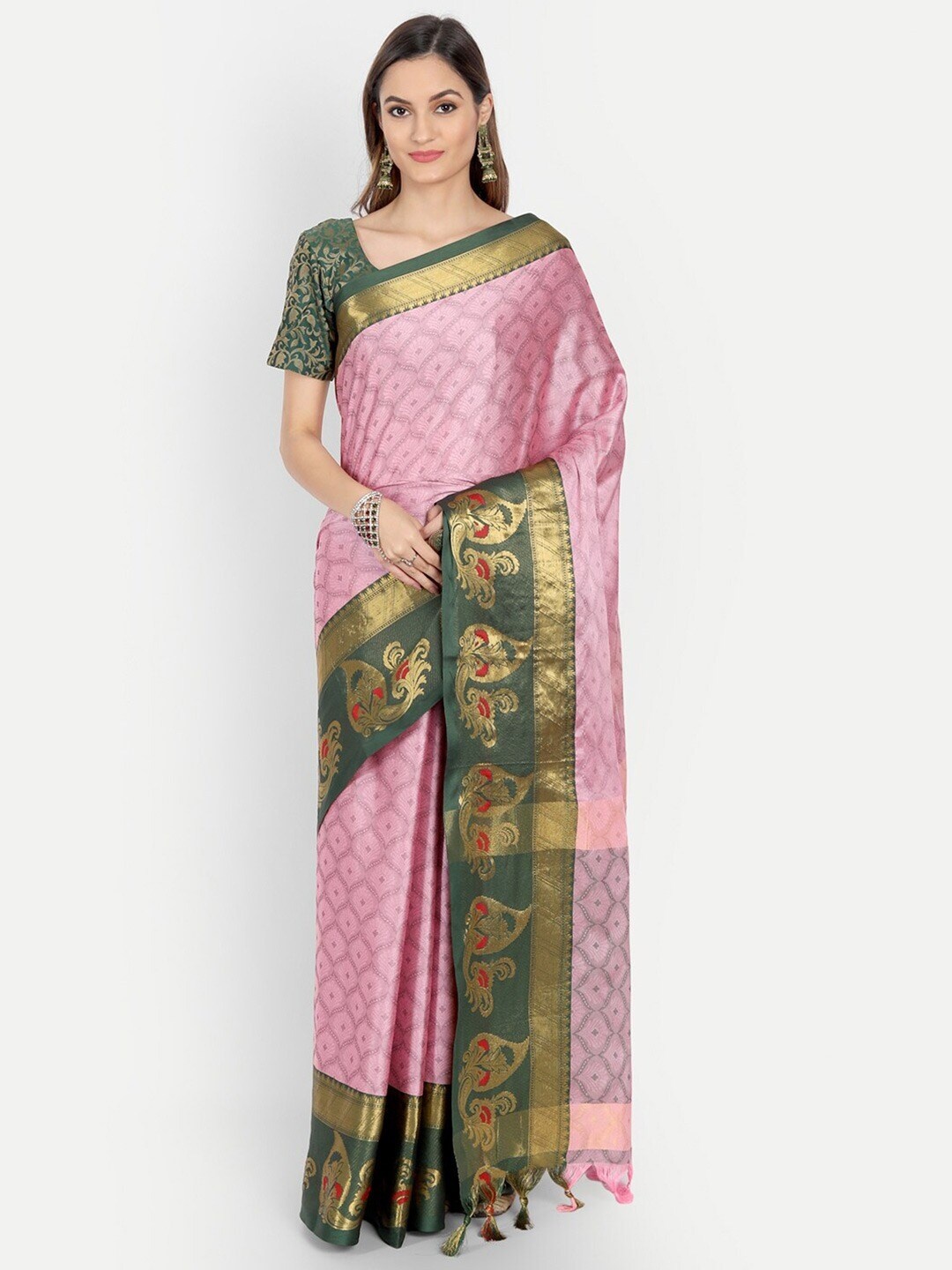 

AVANTIKA FASHION Ethnic Motifs Woven Design Zari Silk Cotton Banarasi Saree, Pink