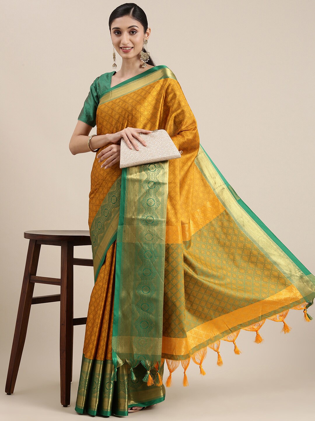 

AVANTIKA FASHION Ethnic Motifs Woven Design Zari Silk Cotton Banarasi Saree, Mustard