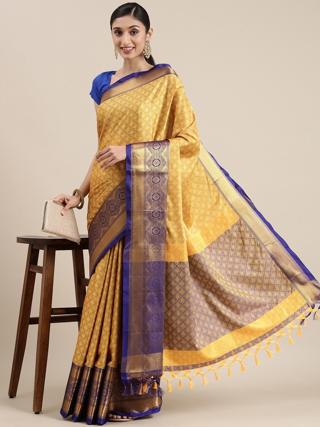 

AVANTIKA FASHION Ethnic Motif Woven Design Zari Silk Cotton Banarasi Saree, Yellow