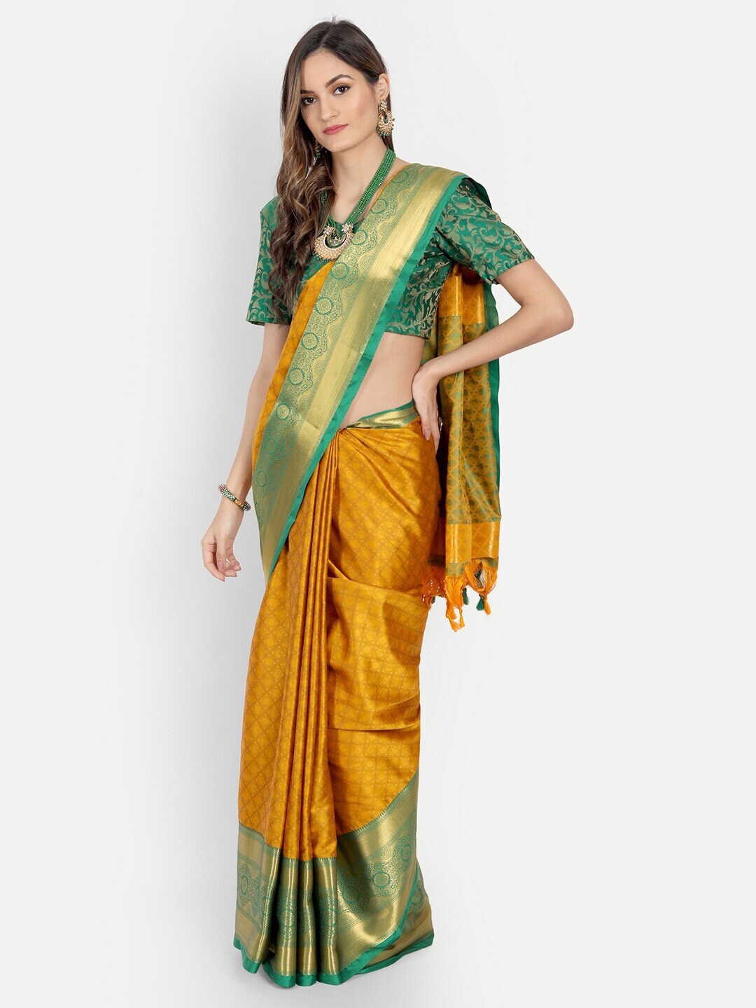 

AVANTIKA FASHION Ethnic Motif Woven Design Zari Silk Cotton Banarasi Saree, Mustard