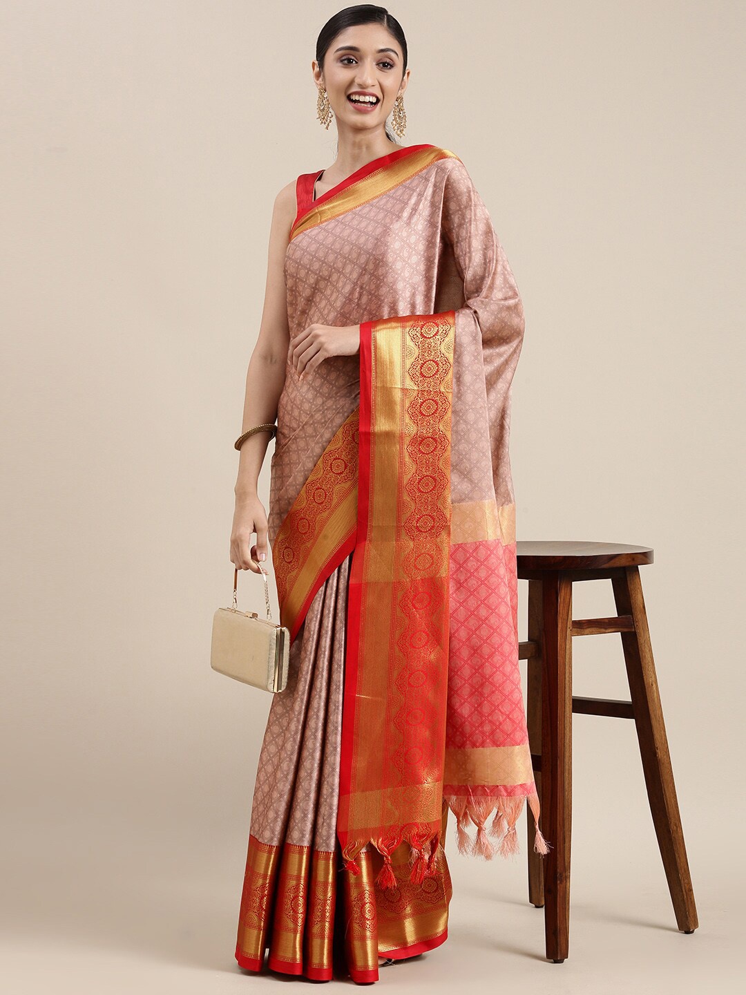 

AVANTIKA FASHION Paisley Woven Design Zari Silk Cotton Banarasi Saree, Beige