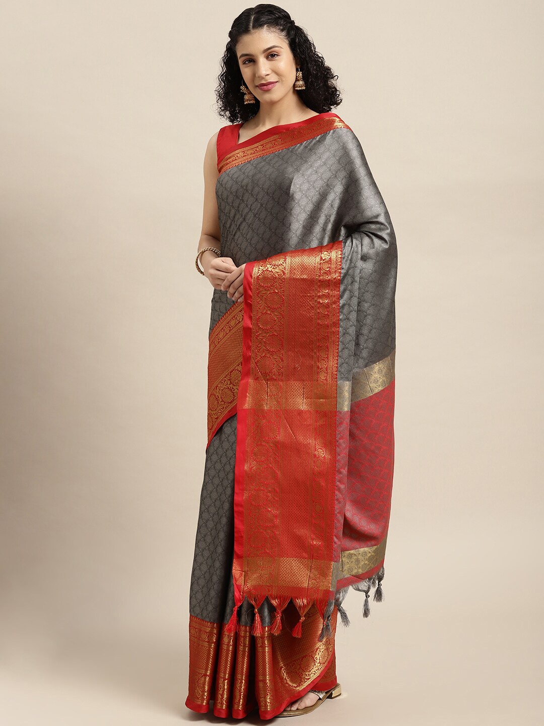 

AVANTIKA FASHION Floral Motif Woven Design Zari Silk Cotton Banarasi Saree, Grey