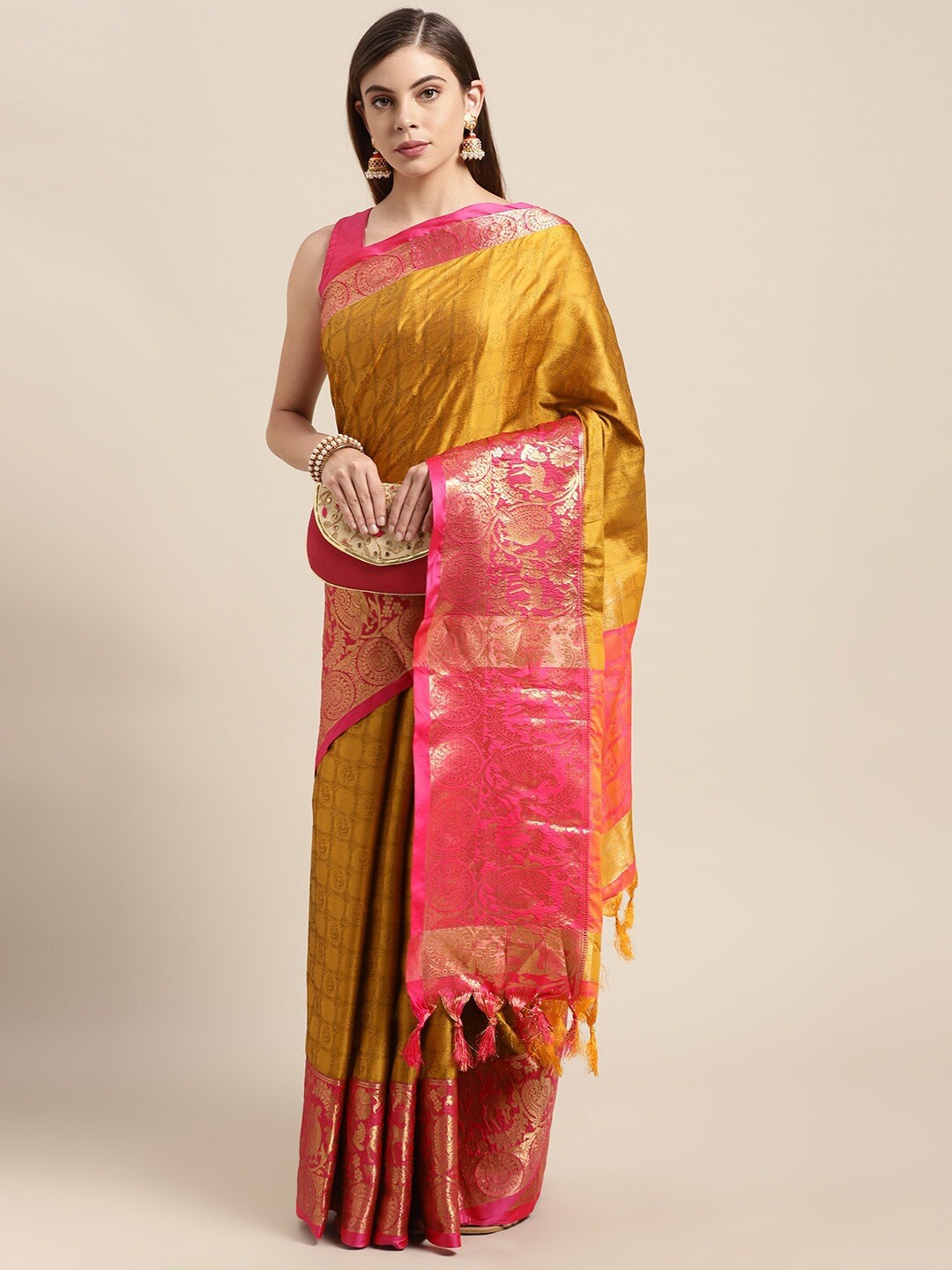 

AVANTIKA FASHION Ethnic Motif Woven Design Zari Silk Cotton Banarasi Saree, Mustard