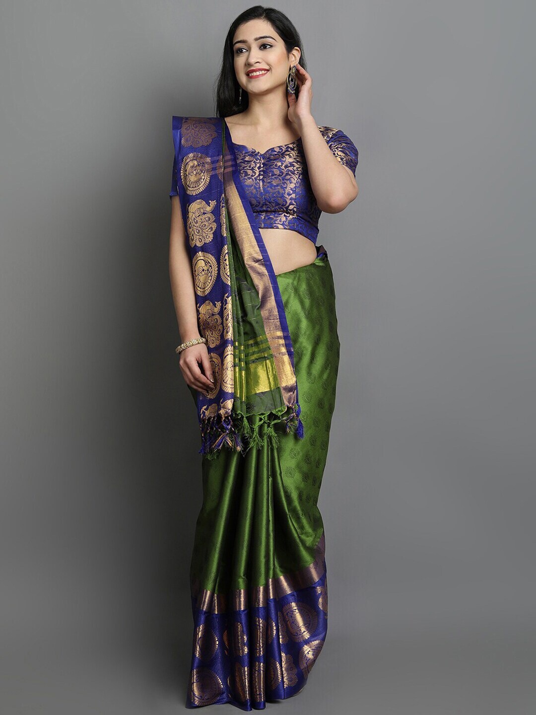 

AVANTIKA FASHION Ethnic Motifs Woven Design Zari Silk Cotton Banarasi Saree, Olive