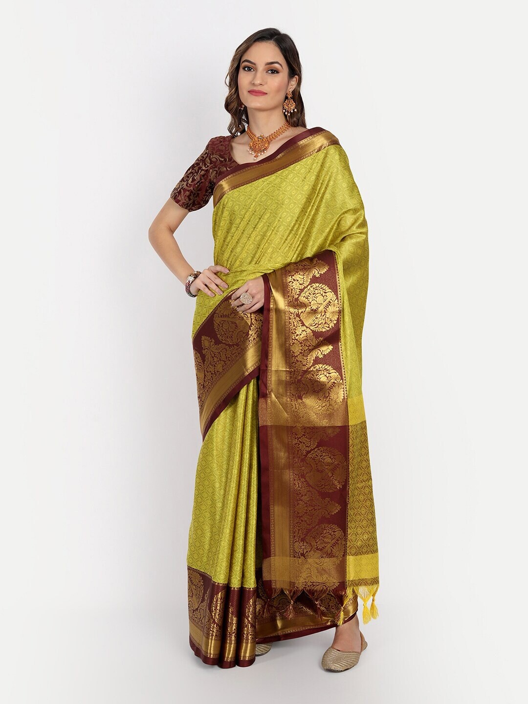 

AVANTIKA FASHION Ethnic Motifs Woven Design Zari Silk Cotton Banarasi Saree, Fluorescent green