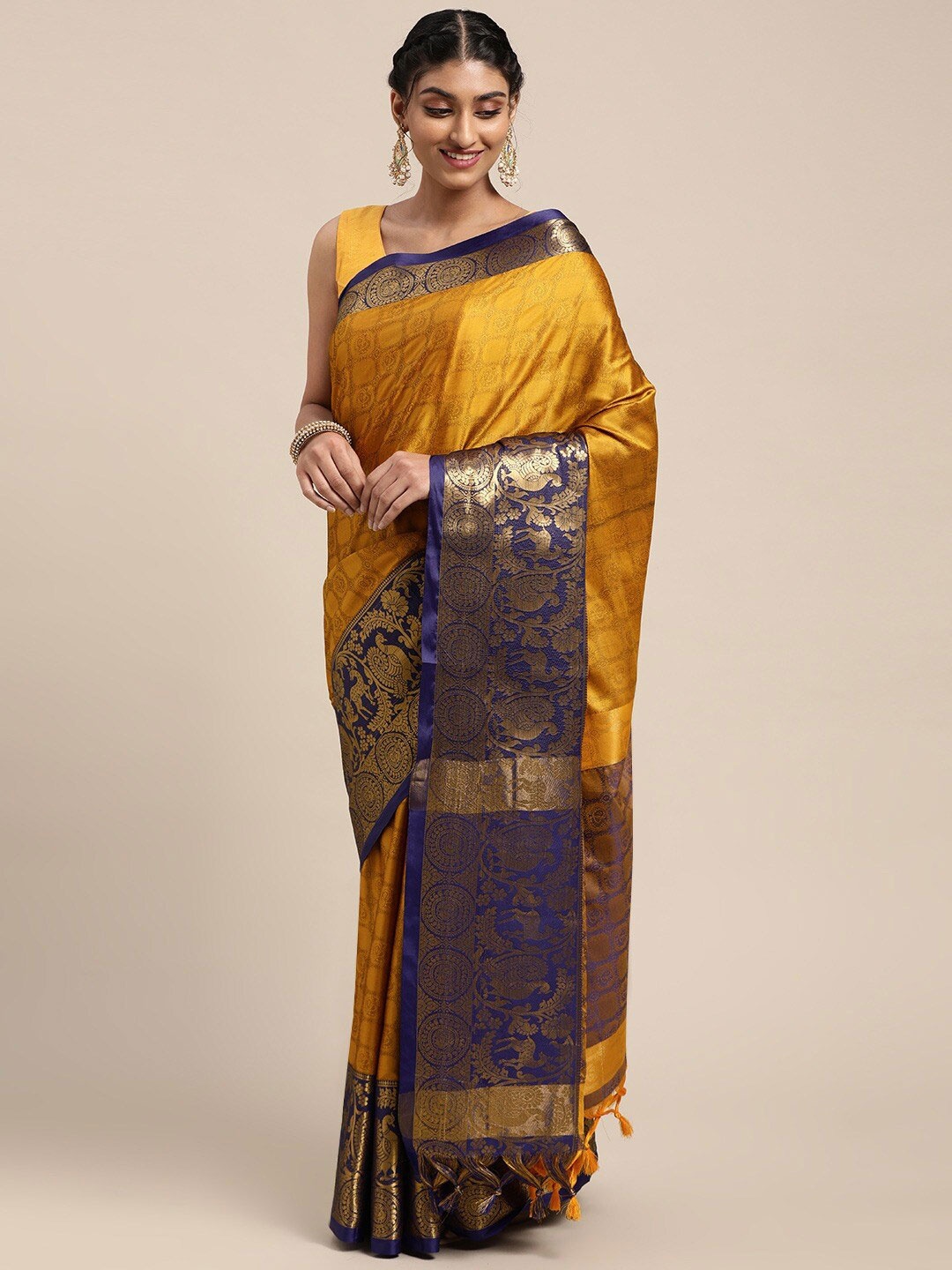 

AVANTIKA FASHION Ethnic Motif Woven Design Zari Silk Cotton Banarasi Saree, Mustard