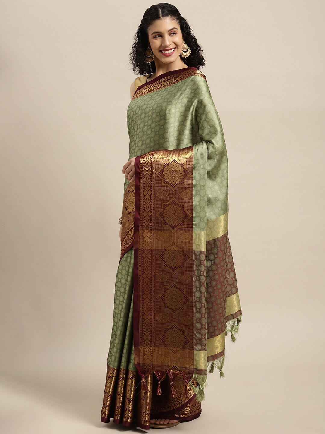 

AVANTIKA FASHION Ethnic Motif Woven Design Zari Silk Cotton Banarasi Saree, Olive