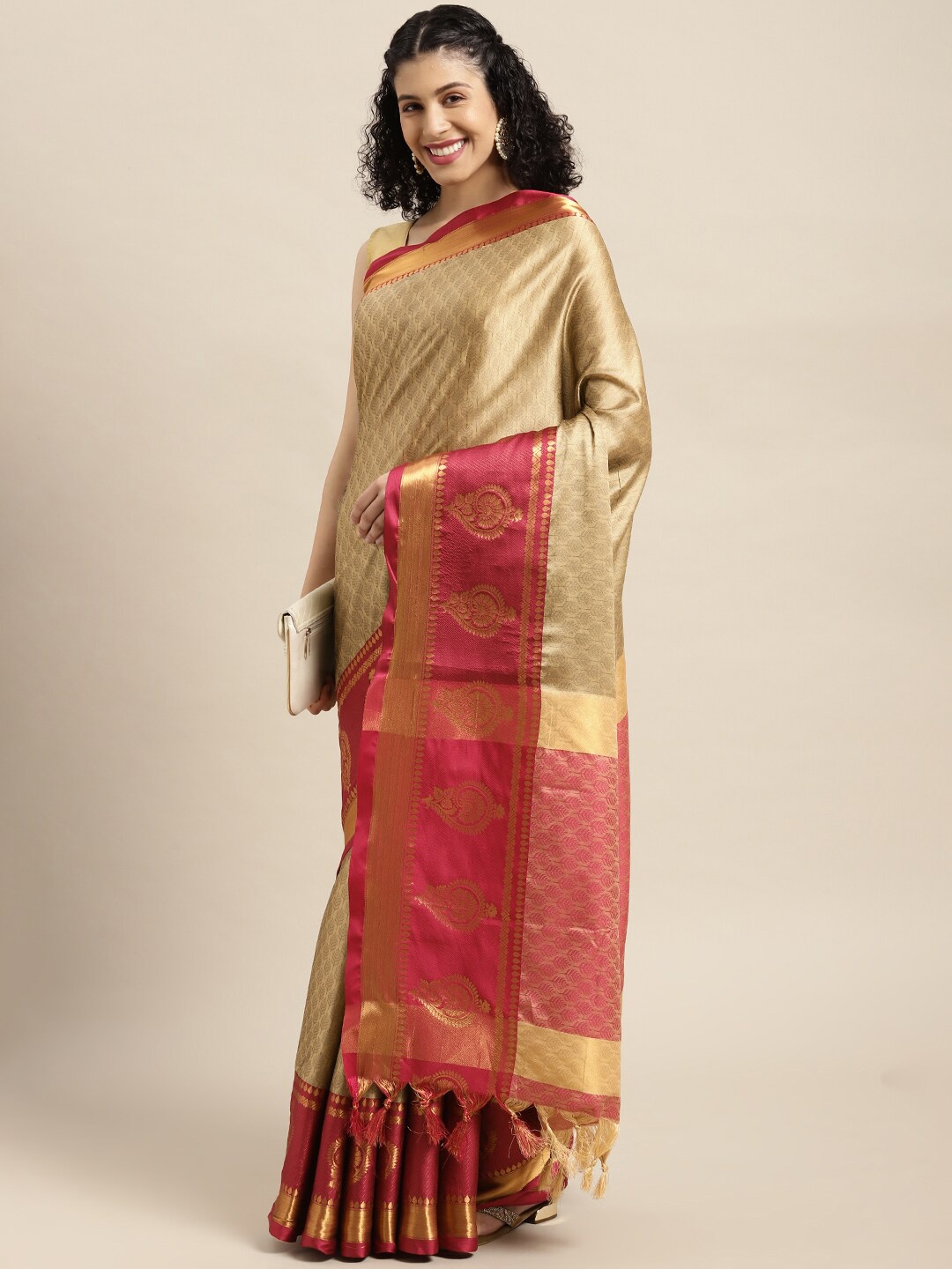 

AVANTIKA FASHION Floral Woven Design Zari Silk Cotton Banarasi Saree, Beige