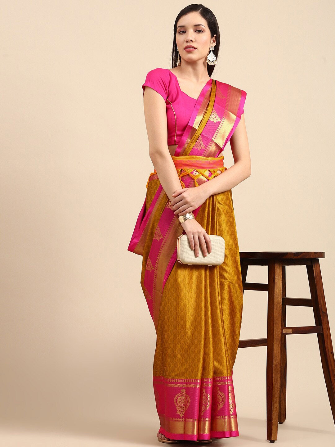 

AVANTIKA FASHION Ethnic Motifs Woven Design Zari Silk Cotton Banarasi Saree, Mustard