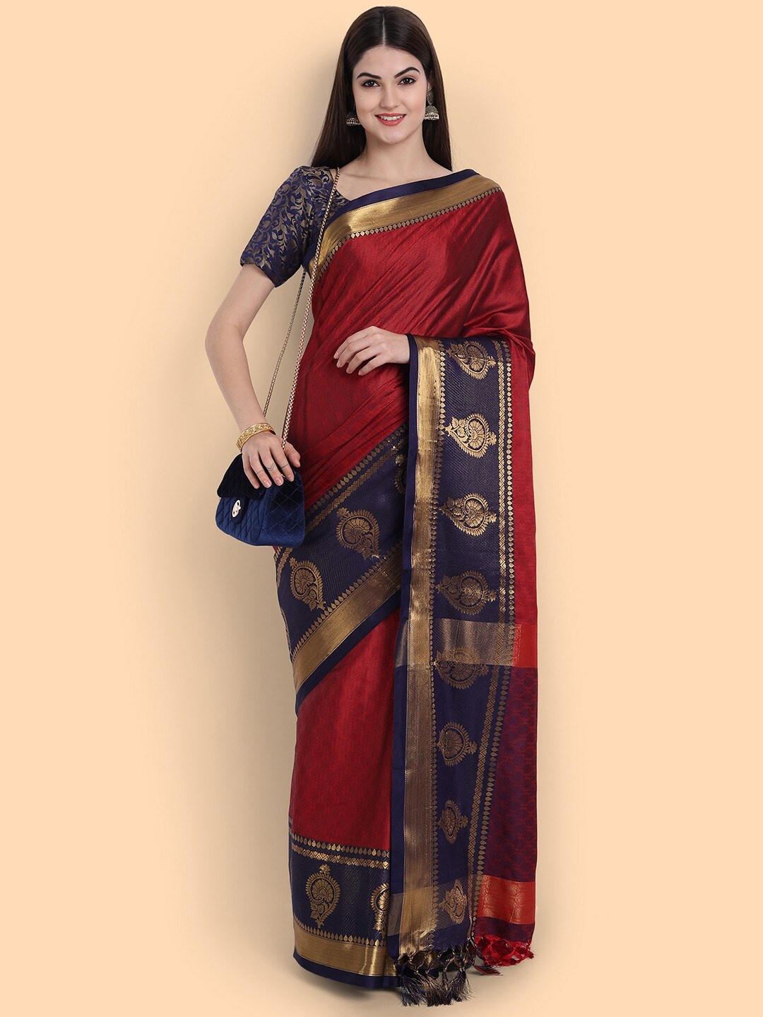 

AVANTIKA FASHION Floral Woven Design Zari Silk Cotton Banarasi Saree, Red