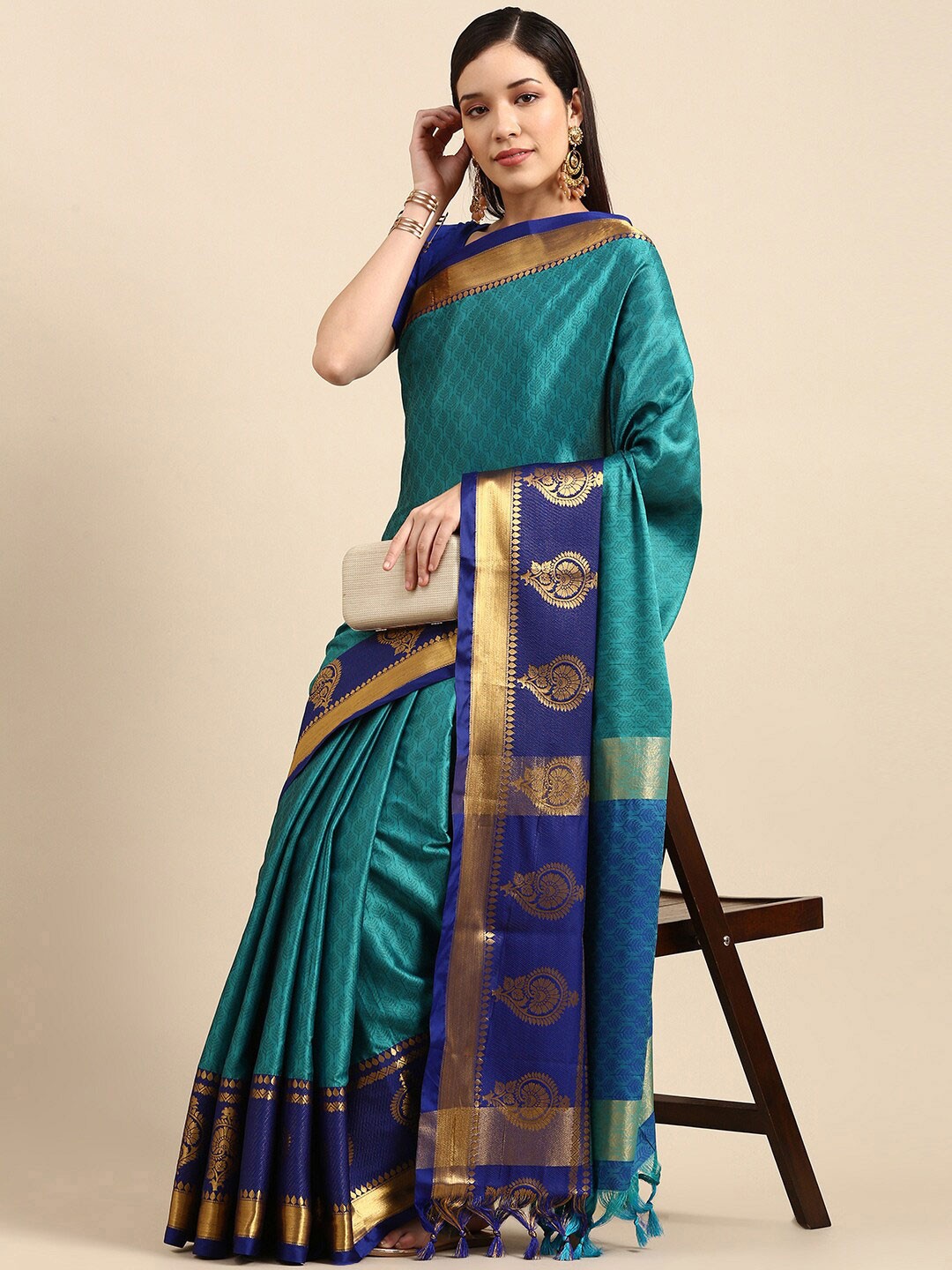 

AVANTIKA FASHION Floral Woven Design Zari Silk Cotton Banarasi Saree, Blue