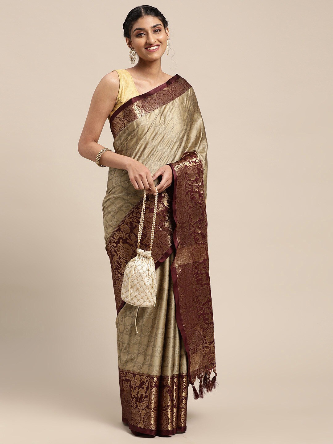 

AVANTIKA FASHION Ethnic Motifs Woven Design Zari Silk Cotton Banarasi Saree, Beige