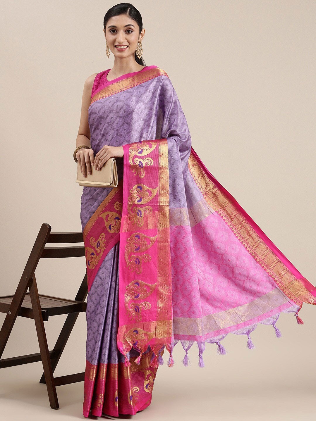 

AVANTIKA FASHION Ethnic Motifs Woven Design Zari Silk Cotton Banarasi Saree, Lavender
