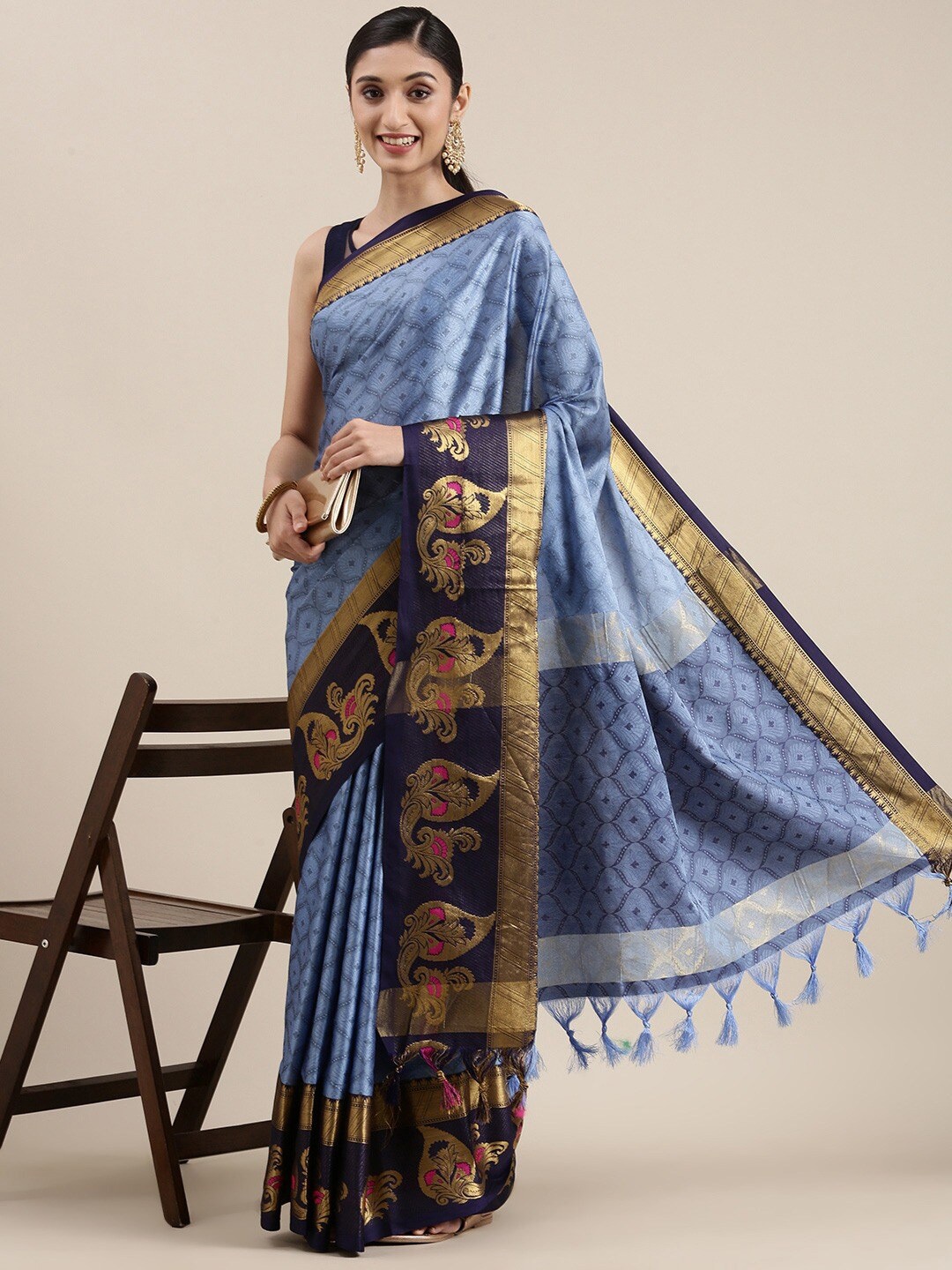 

AVANTIKA FASHION Ethnic Motifs Woven Design Zari Silk Cotton Banarasi Saree, Blue