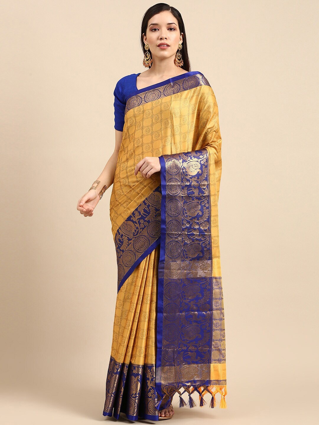 

AVANTIKA FASHION Ethnic Motifs Woven Design Zari Silk Cotton Banarasi Saree, Yellow