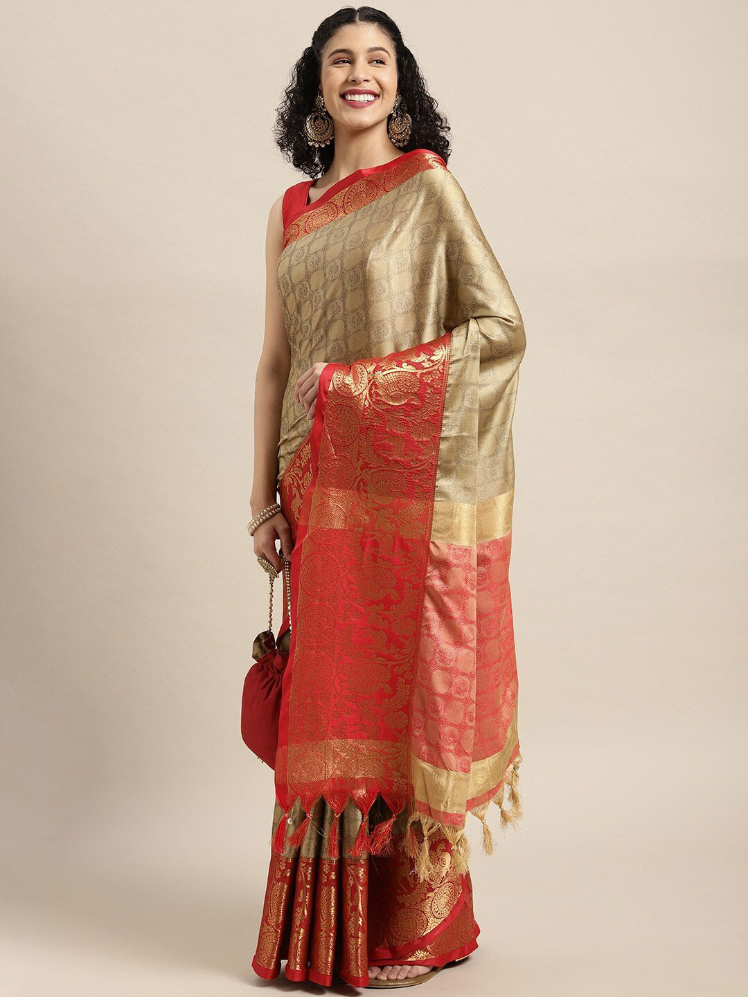

AVANTIKA FASHION Ethnic Motifs Woven Design Zari Silk Cotton Banarasi Saree, Beige