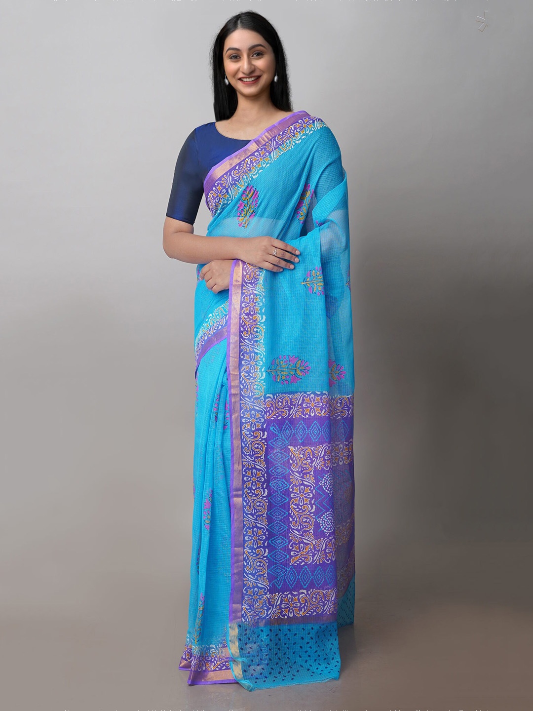 

Unnati Silks Ethnic Motifs Kota Block Printed Pure Cotton Zari Saree, Blue