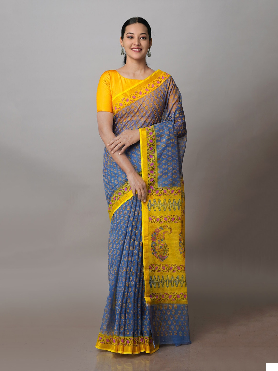 

Unnati Silks Ethnic Motifs Kota Block Printed Pure Cotton Saree, Blue