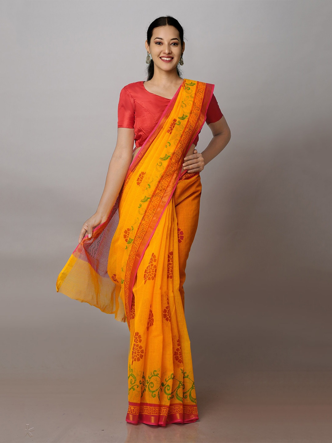 

Unnati Silks Floral Block Printed Zari Pure Cotton Kota Saree, Yellow